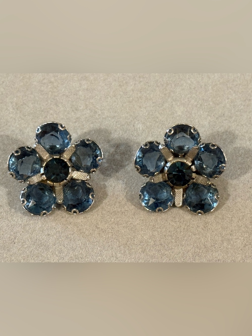 Vintage 3D Blue Crystal Flower Stud Earrings Large